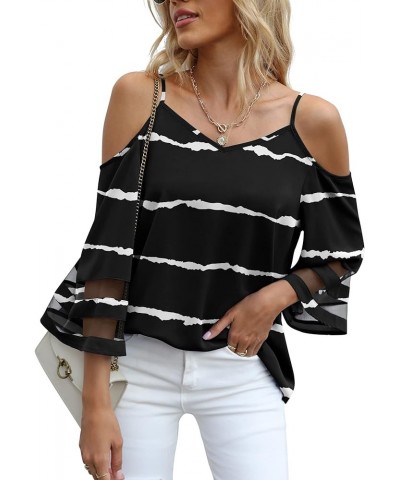 Women's Summer Cold Shoulder Tops Mesh Panel 3/4 Bell Sleeve Tees Adjustable Spaghetti Strap Loose Fit Shirts F Black Stripes...