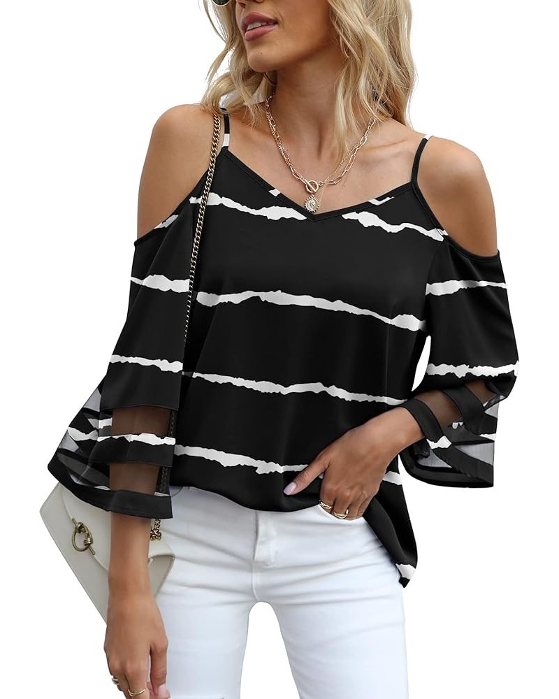 Women's Summer Cold Shoulder Tops Mesh Panel 3/4 Bell Sleeve Tees Adjustable Spaghetti Strap Loose Fit Shirts F Black Stripes...