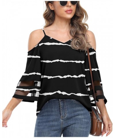 Women's Summer Cold Shoulder Tops Mesh Panel 3/4 Bell Sleeve Tees Adjustable Spaghetti Strap Loose Fit Shirts F Black Stripes...