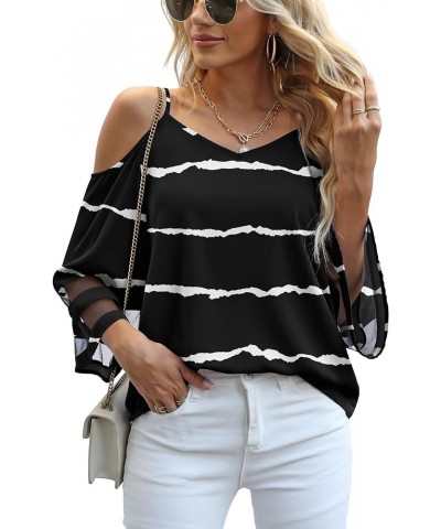 Women's Summer Cold Shoulder Tops Mesh Panel 3/4 Bell Sleeve Tees Adjustable Spaghetti Strap Loose Fit Shirts F Black Stripes...