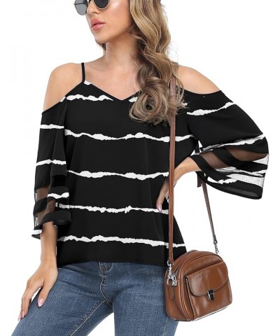 Women's Summer Cold Shoulder Tops Mesh Panel 3/4 Bell Sleeve Tees Adjustable Spaghetti Strap Loose Fit Shirts F Black Stripes...