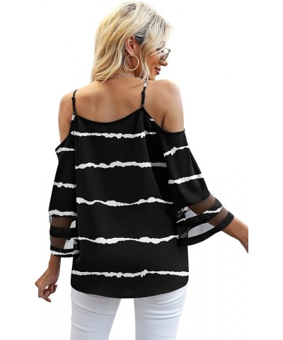 Women's Summer Cold Shoulder Tops Mesh Panel 3/4 Bell Sleeve Tees Adjustable Spaghetti Strap Loose Fit Shirts F Black Stripes...