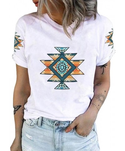 Female Aztec Shirt Retro Geometry Print Crew Casual Short Sleeve Western Style Loose T -Shirt Ladies Color-3 $13.27 T-Shirts