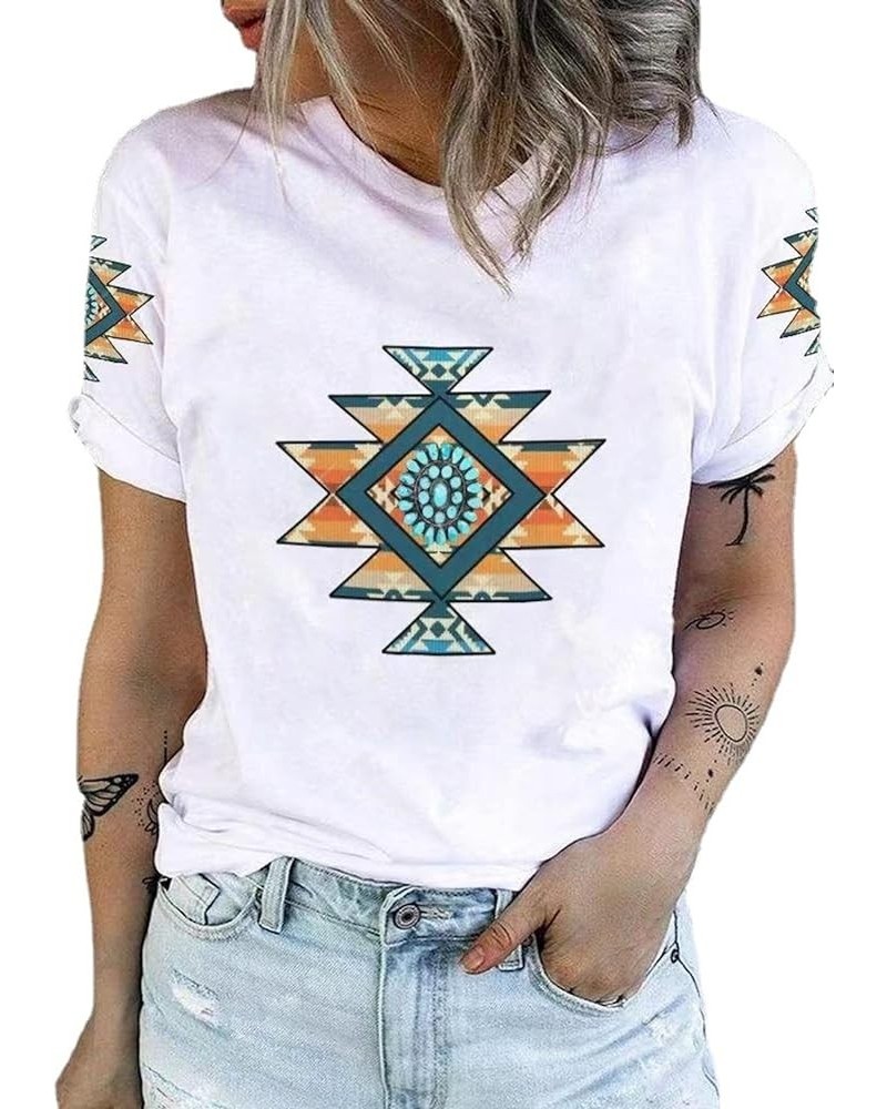 Female Aztec Shirt Retro Geometry Print Crew Casual Short Sleeve Western Style Loose T -Shirt Ladies Color-3 $13.27 T-Shirts