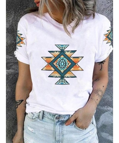 Female Aztec Shirt Retro Geometry Print Crew Casual Short Sleeve Western Style Loose T -Shirt Ladies Color-3 $13.27 T-Shirts