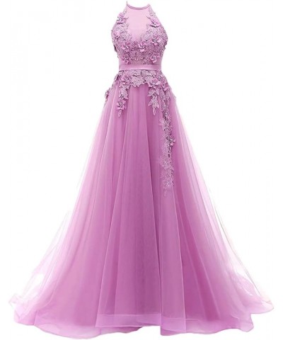 Women's Sweetheart Prom Homecoming Dresses Tulle Halter Long Evening Party Dresses with Appliques Pink $47.00 Dresses