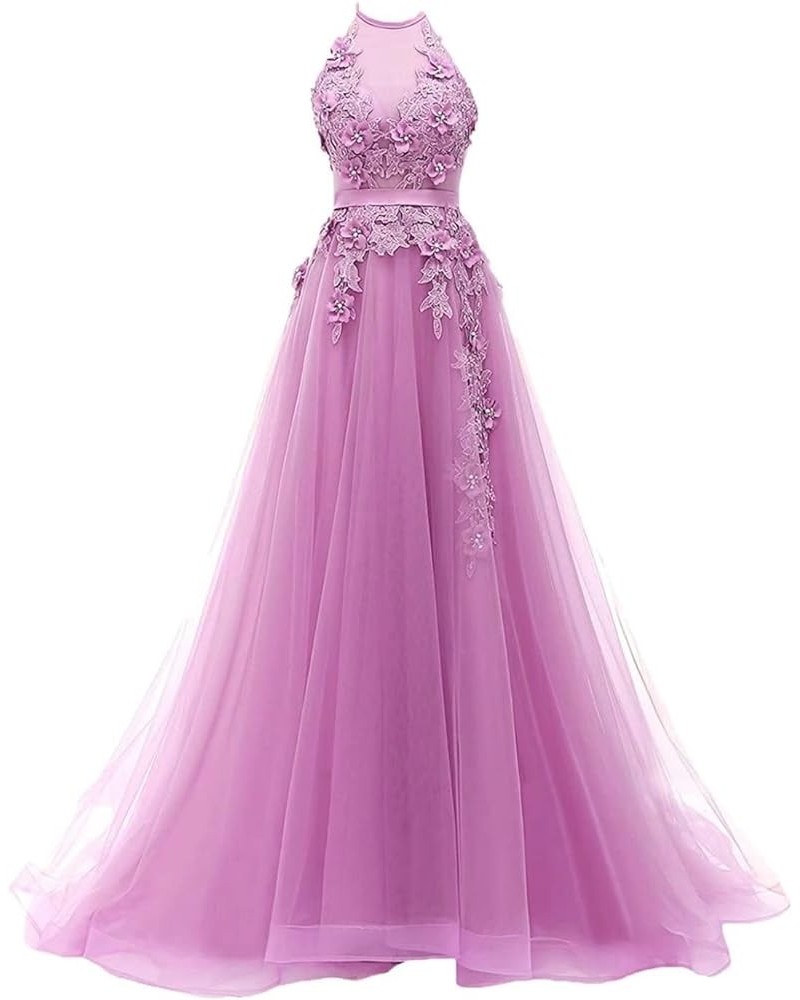 Women's Sweetheart Prom Homecoming Dresses Tulle Halter Long Evening Party Dresses with Appliques Pink $47.00 Dresses