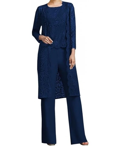 3 Pieces Pant Suits Mother of The Bride Dresses for Women with Jacket Chiffon Lace Appliques Formal Evening Ball Gown Navy Bl...