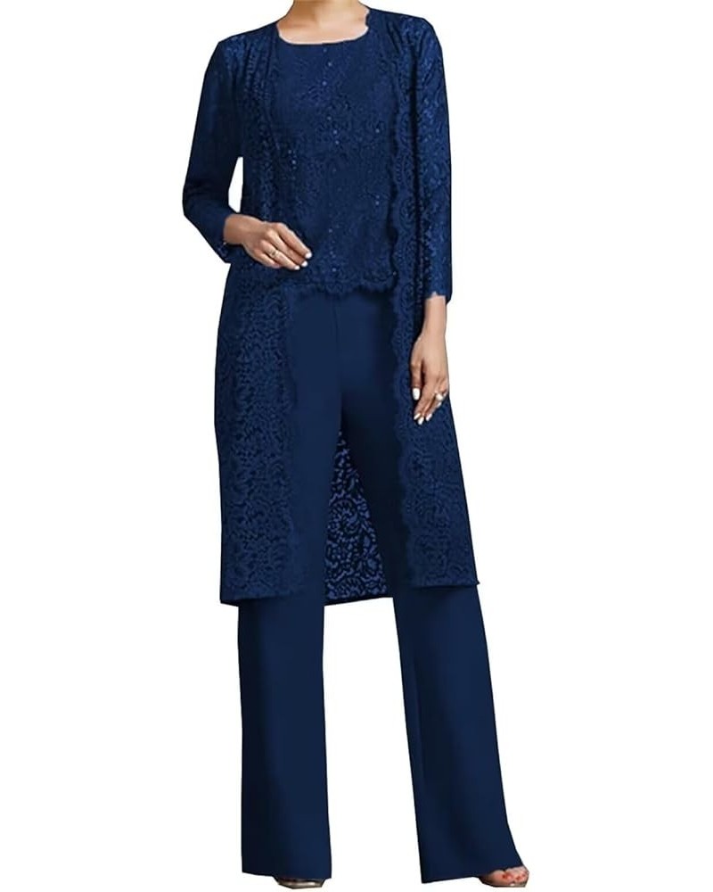 3 Pieces Pant Suits Mother of The Bride Dresses for Women with Jacket Chiffon Lace Appliques Formal Evening Ball Gown Navy Bl...