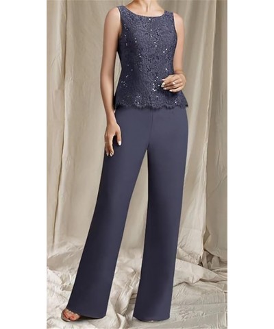 3 Pieces Pant Suits Mother of The Bride Dresses for Women with Jacket Chiffon Lace Appliques Formal Evening Ball Gown Navy Bl...