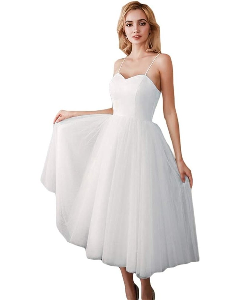 Spaghetti Straps Tulle Tea Length Wedding Dress for Bride Ivory $28.05 Dresses