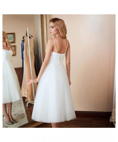 Spaghetti Straps Tulle Tea Length Wedding Dress for Bride Ivory $28.05 Dresses