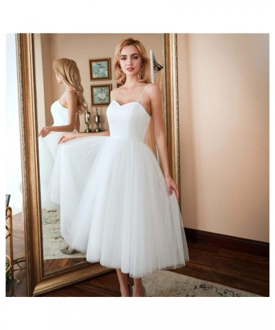 Spaghetti Straps Tulle Tea Length Wedding Dress for Bride Ivory $28.05 Dresses