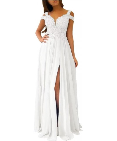 Women's Chiffon Bridesmaid Dresses Long Cold Shoulder Formal Evening Gowns with Slit Lace Bodice Prom Party Dresses Ivory $34...