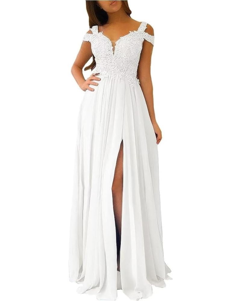 Women's Chiffon Bridesmaid Dresses Long Cold Shoulder Formal Evening Gowns with Slit Lace Bodice Prom Party Dresses Ivory $34...