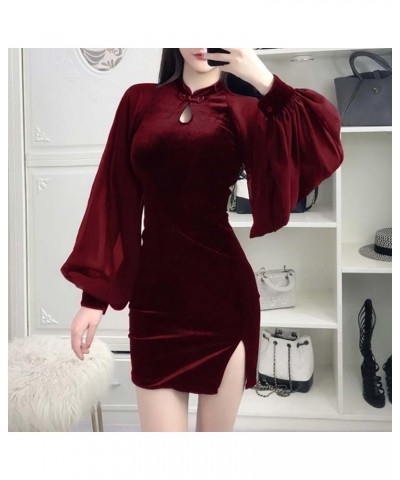 Women's Bodycon Mini Dress Sexy Cheongsam Chinese Style Side Slit Qipao Solid Color Vintage Dress 21108-wine Red $14.50 Dresses