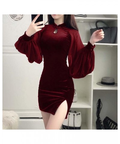 Women's Bodycon Mini Dress Sexy Cheongsam Chinese Style Side Slit Qipao Solid Color Vintage Dress 21108-wine Red $14.50 Dresses