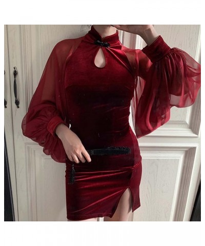 Women's Bodycon Mini Dress Sexy Cheongsam Chinese Style Side Slit Qipao Solid Color Vintage Dress 21108-wine Red $14.50 Dresses