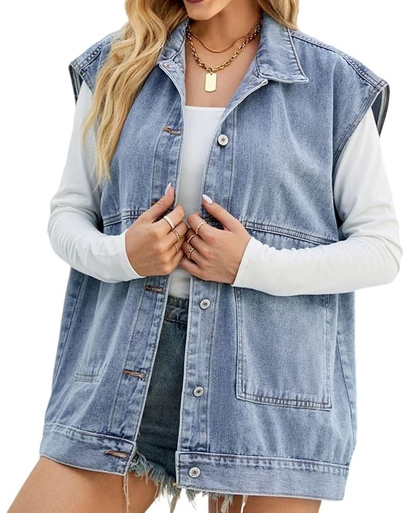 Women's Oversized Jean Vest Denim Vest Mid Long Sleeveless Jean Jacket Distressed Vest A-blue $17.39 Vests