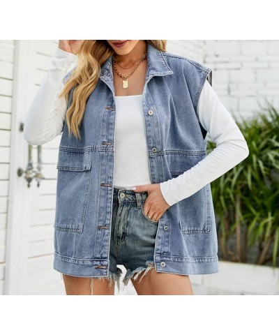 Women's Oversized Jean Vest Denim Vest Mid Long Sleeveless Jean Jacket Distressed Vest A-blue $17.39 Vests