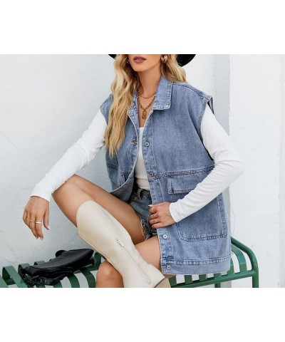 Women's Oversized Jean Vest Denim Vest Mid Long Sleeveless Jean Jacket Distressed Vest A-blue $17.39 Vests