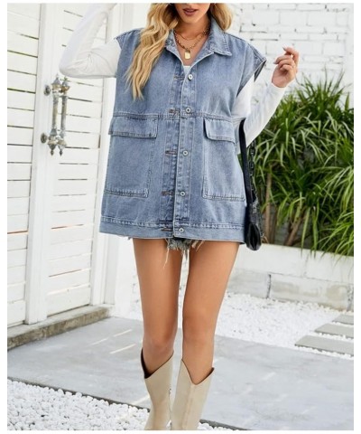 Women's Oversized Jean Vest Denim Vest Mid Long Sleeveless Jean Jacket Distressed Vest A-blue $17.39 Vests