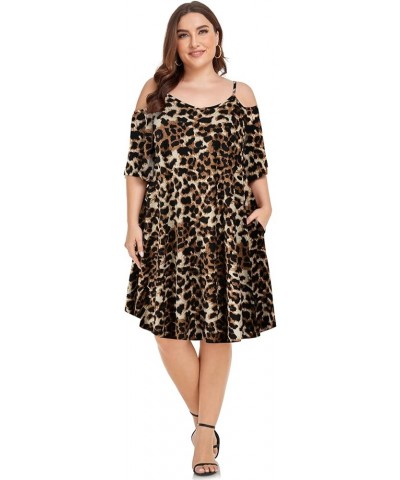 Women's Plus Size Summer T Shirt Dress Cold Shoulder Bell Sleeve Tunic Dresses with Pockets Leopard Yellow $11.59 Dresses