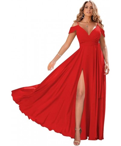 Off Shoulder Bridesmaid Dresses 2023 for Women Long Chiffon V Neck Formal Evening Gown with Slit RYZ18 Red $32.99 Dresses