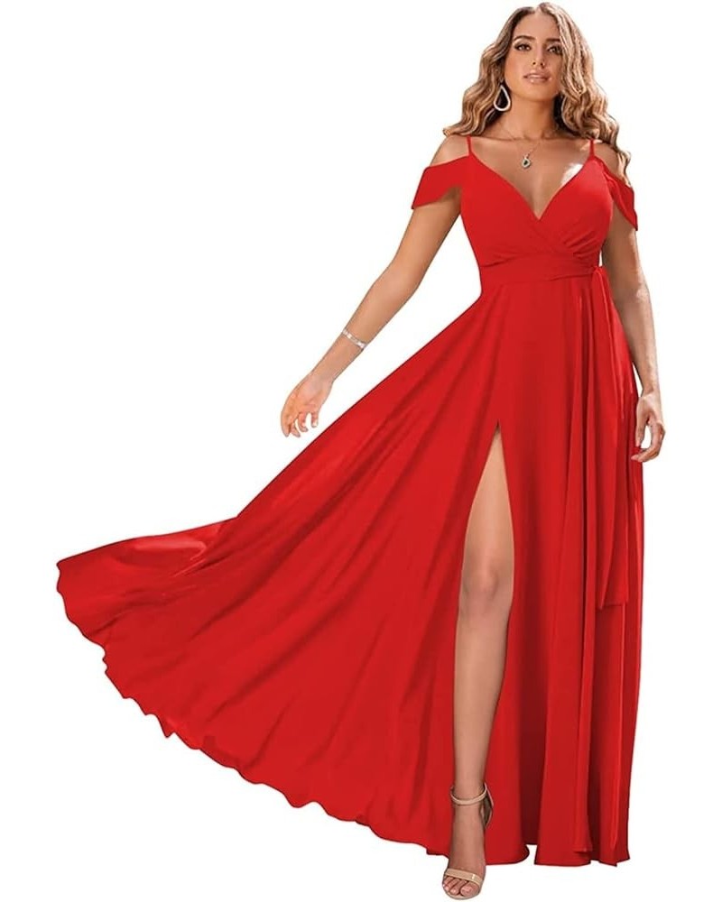 Off Shoulder Bridesmaid Dresses 2023 for Women Long Chiffon V Neck Formal Evening Gown with Slit RYZ18 Red $32.99 Dresses