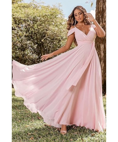 Off Shoulder Bridesmaid Dresses 2023 for Women Long Chiffon V Neck Formal Evening Gown with Slit RYZ18 Red $32.99 Dresses