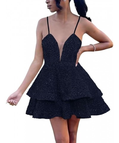 Sequins Short Prom Dress Spaghetti Straps Homecoming Dress Sparkly V Neck Cocktail Mini Gowns for Teens with Pockets Navy $26...