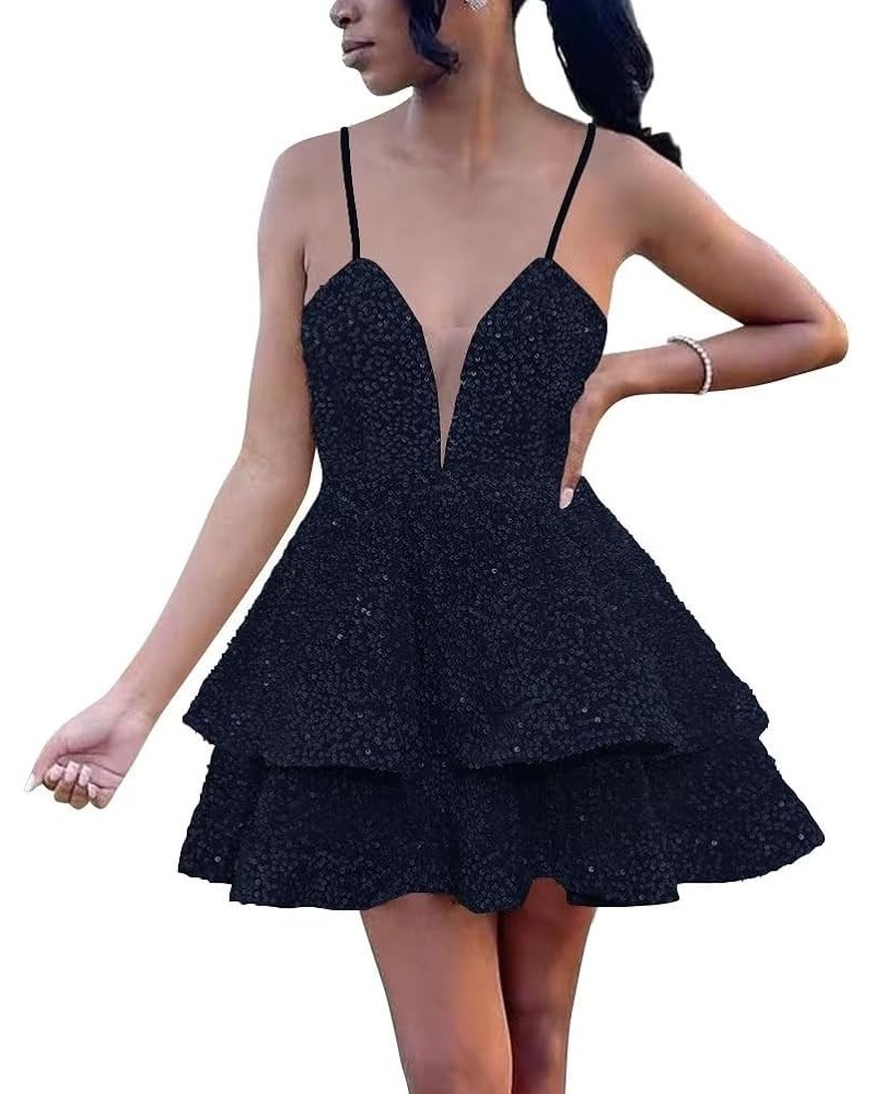 Sequins Short Prom Dress Spaghetti Straps Homecoming Dress Sparkly V Neck Cocktail Mini Gowns for Teens with Pockets Navy $26...