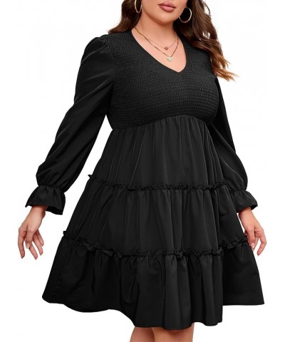 Plus Size Sleeveless Summer Dress for Women Ruffle Short Sleeve Smocked Dress V Neck Babydoll Midi Dress Black-long Sleeve $2...