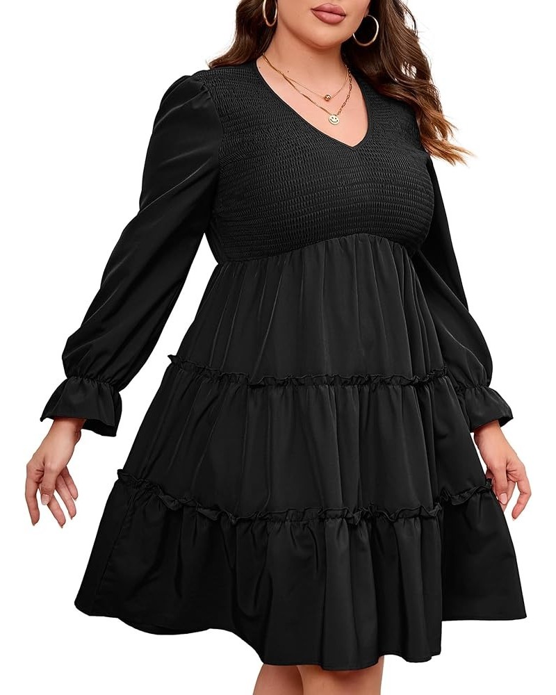 Plus Size Sleeveless Summer Dress for Women Ruffle Short Sleeve Smocked Dress V Neck Babydoll Midi Dress Black-long Sleeve $2...