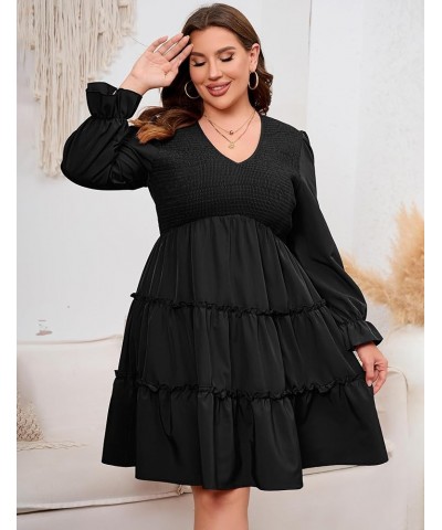 Plus Size Sleeveless Summer Dress for Women Ruffle Short Sleeve Smocked Dress V Neck Babydoll Midi Dress Black-long Sleeve $2...