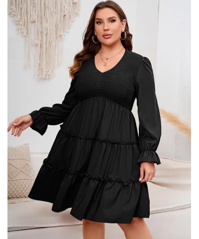 Plus Size Sleeveless Summer Dress for Women Ruffle Short Sleeve Smocked Dress V Neck Babydoll Midi Dress Black-long Sleeve $2...