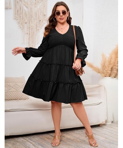 Plus Size Sleeveless Summer Dress for Women Ruffle Short Sleeve Smocked Dress V Neck Babydoll Midi Dress Black-long Sleeve $2...