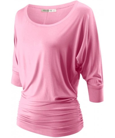 Women's Boat Neck and V-Neck 3/4 Sleeve Draped Dolman Top with Side Shirring Premium Shirt Pink_2023 $13.61 T-Shirts