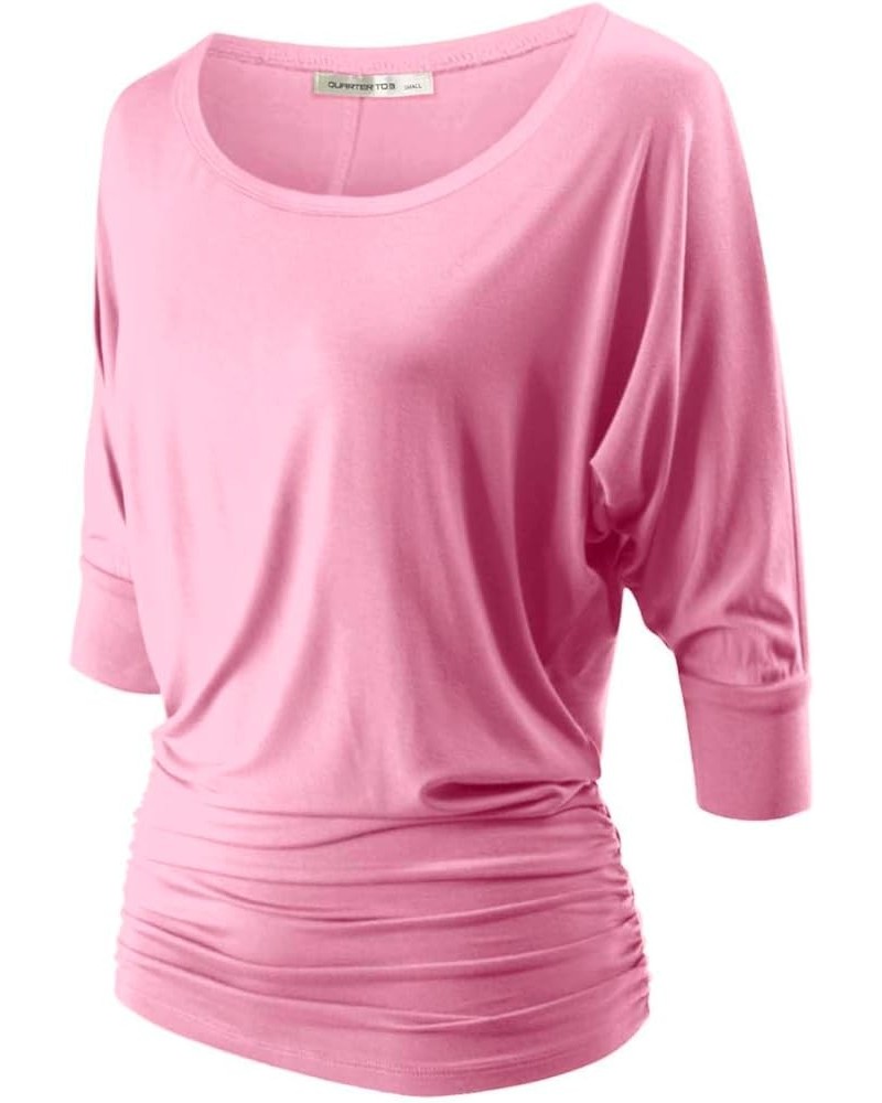 Women's Boat Neck and V-Neck 3/4 Sleeve Draped Dolman Top with Side Shirring Premium Shirt Pink_2023 $13.61 T-Shirts