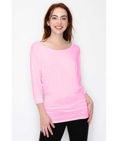 Women's Boat Neck and V-Neck 3/4 Sleeve Draped Dolman Top with Side Shirring Premium Shirt Pink_2023 $13.61 T-Shirts