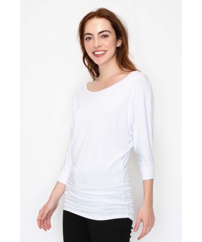 Women's Boat Neck and V-Neck 3/4 Sleeve Draped Dolman Top with Side Shirring Premium Shirt Pink_2023 $13.61 T-Shirts