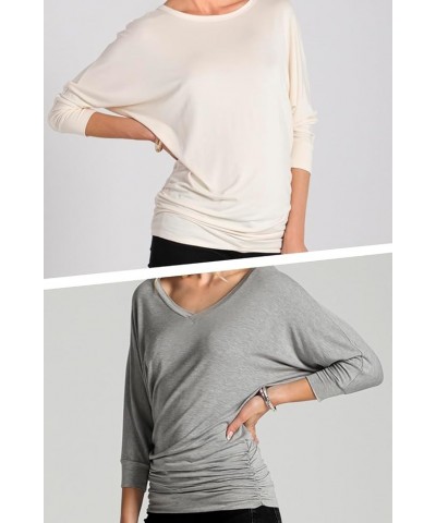 Women's Boat Neck and V-Neck 3/4 Sleeve Draped Dolman Top with Side Shirring Premium Shirt Pink_2023 $13.61 T-Shirts