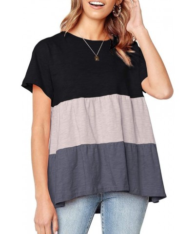 Women's Peplum Tops Summer Short Sleeve Ruffle Loose Shirt Blouse Black-a, Color Block $13.49 Blouses