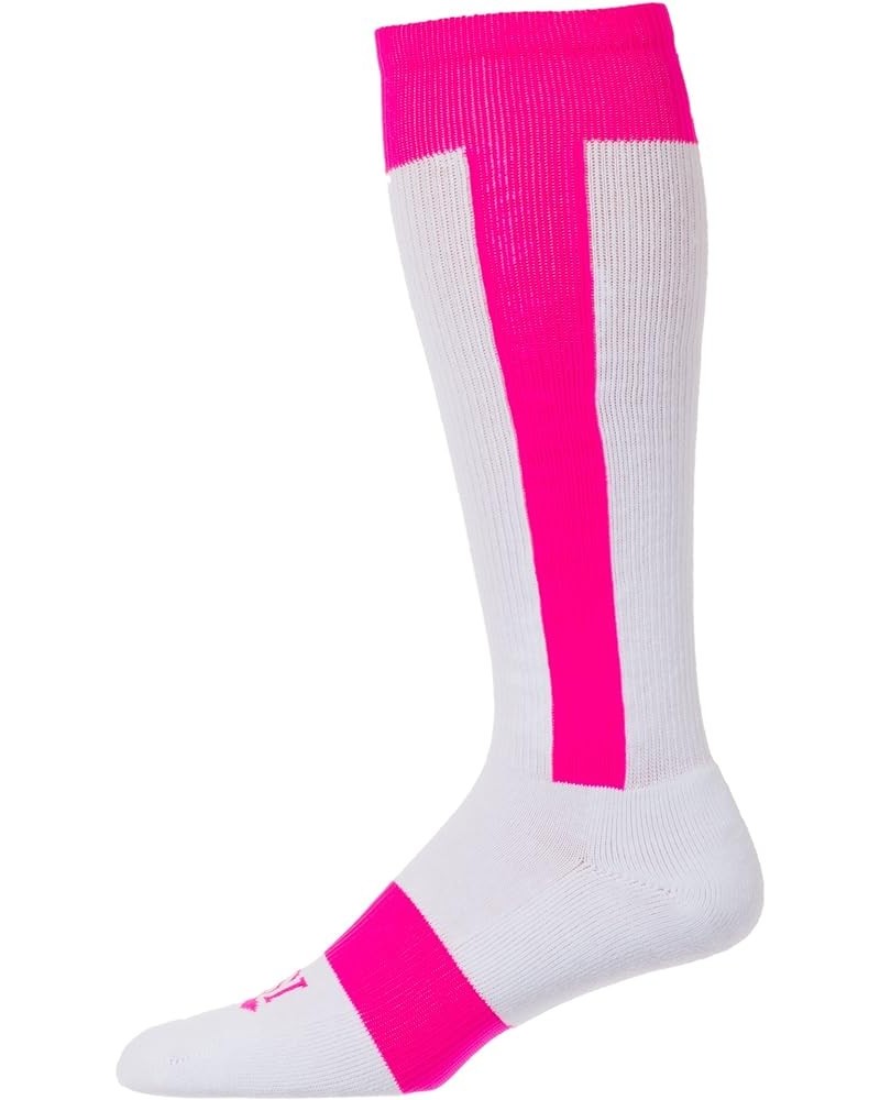 Cotton Striped Baseball knee High Sock Made in The USA White/Hotpink $9.27 Activewear