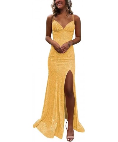 Spaghetti Strap Sequin V Neck Mermaid Prom Dress Sparkly Formal Dresses Evening Gowns with Slit PU042 B-yellow $32.63 Dresses