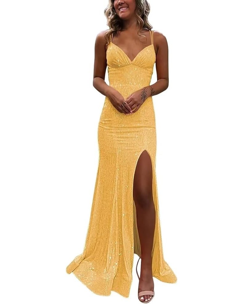 Spaghetti Strap Sequin V Neck Mermaid Prom Dress Sparkly Formal Dresses Evening Gowns with Slit PU042 B-yellow $32.63 Dresses