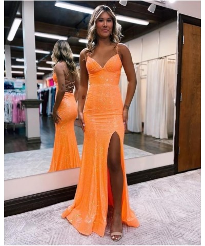 Spaghetti Strap Sequin V Neck Mermaid Prom Dress Sparkly Formal Dresses Evening Gowns with Slit PU042 B-yellow $32.63 Dresses