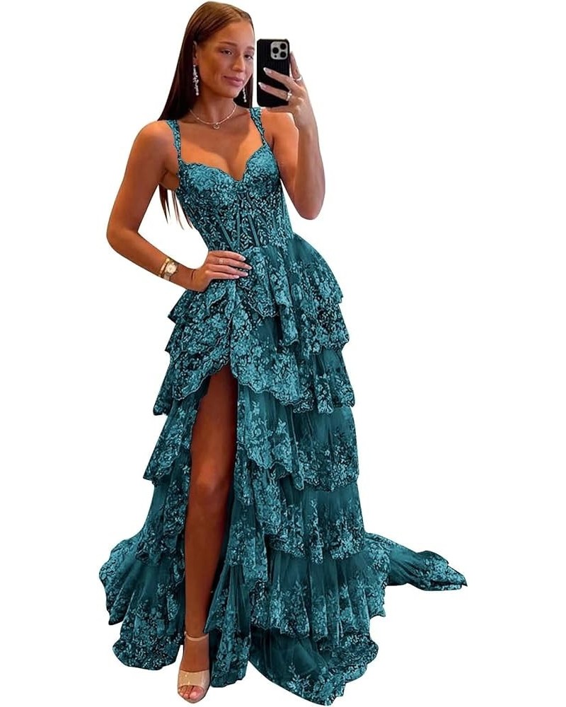 Sparkly Tiered Tulle Prom Dresses for Women 2024 Off Shoulder Corset Lace Long Formal Evening Gowns with Slit Peacock $52.24 ...