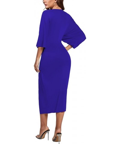 Women's V Neck Wrap Twist Front Half Sleeve Split Hem Cocktail Party Bodycon Midi Dress Dark Blue $26.87 Dresses