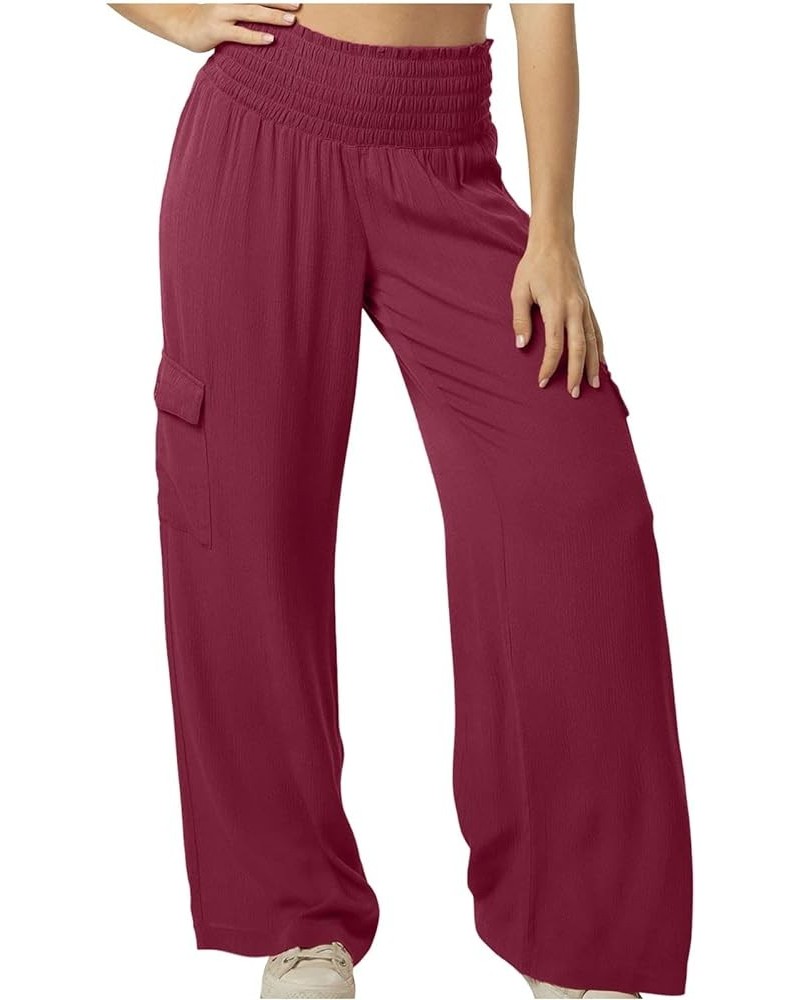 Linen Pants for Women Summer Beach Palazzo Pants Elastic Waisted Trousers Loose Casual Yoga Sweatpants with Pockets 06wine $9...